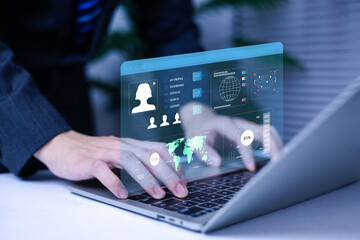
Business analysts use people icons and dashboards for data analysis and metrics connected to databases for finance, technology, operations, sales, marketing.