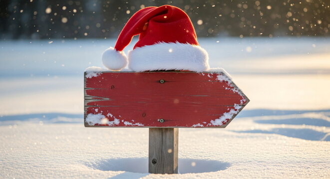 Red santa hat on a wooden arrow sign in snowy winter weather. Christmas or New Year holiday street direction concep. Copy space - Powered by Adobe