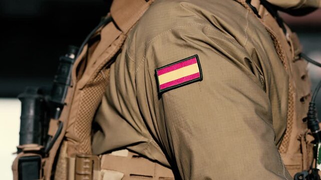 Details of a Spanish soldier in combat gear