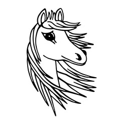 Fototapeta premium Vector sketch of a horse portrait. Black and white outline of a horse's head in doodle style.