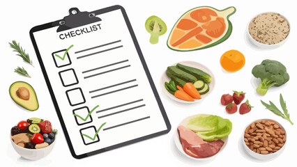 Healthy eating checklist for wellbeing and mindful nutrition, visualizing balanced diet choices with delicious fruit, vegetables, protein, and grains for vibrant wellness