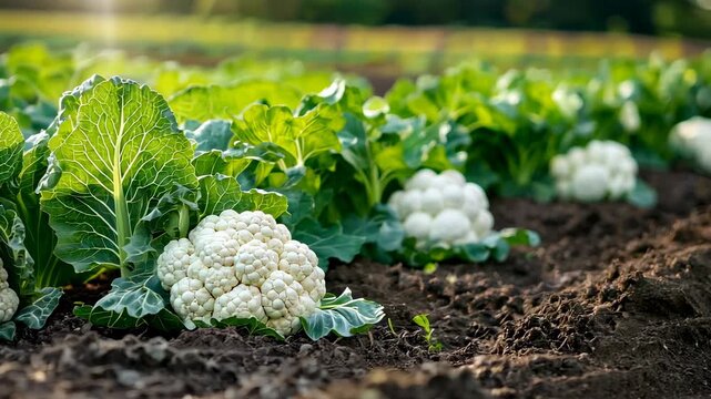 Close up of Fresh Cauliflower Growing in a Sunny Agricultural Field