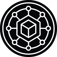 Blockchain technology with cube in network icon black color vector illustration