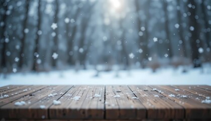 Wooden table top stands in a serene winter landscape, its surface reflecting the soft focus of snowflakes gently falling in the background.