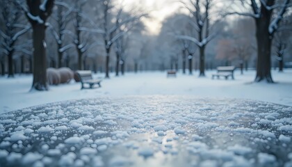 A serene winter landscape, on blurred background a frost-covered bench in the midst of a snow-covered park.
