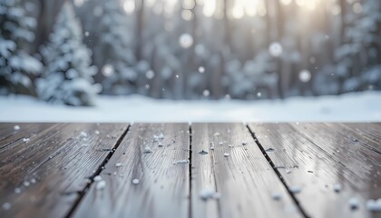 Wooden table top stands in a serene winter landscape, its surface reflecting the soft focus of snowflakes gently falling in the background.