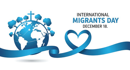International migrants day illustration with globe heart ribbon and people celebrating global unity