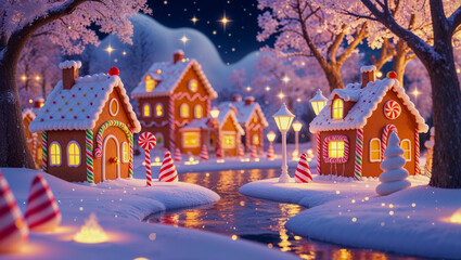 AI-generated image of a winter wonderland of Christmas spirits, where gingerbread houses and a river come to life