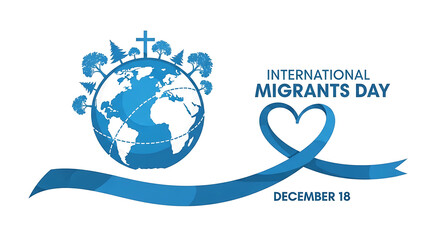 International migrants day december 18th with globe and heart ribbon symbolizing global unity