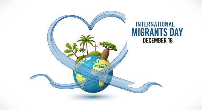 International migrants day december 18th with earth inside a heart shape and palm trees