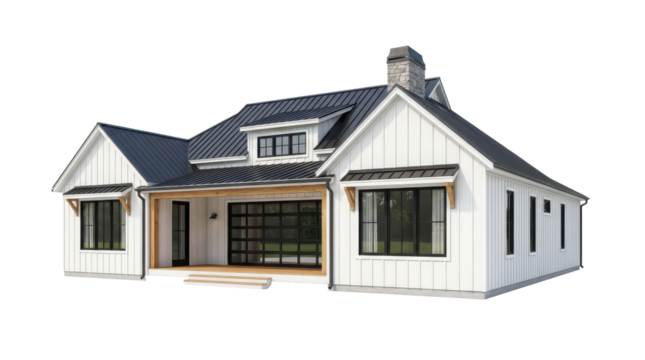 Modern white farmhouse with wooden garage door front porch stone chimney and metal roof PNG