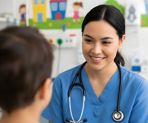 Friendly nurse gives full attention to the child during examination.
