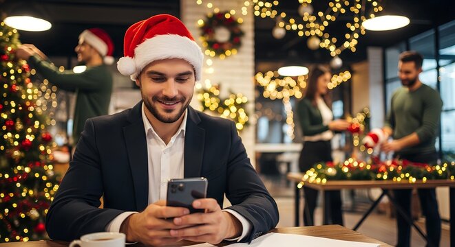 Smiling man in a Santa hat using his smartphone in a festively decorated office with Christmas lights and colleagues preparing holiday decorations in the background.