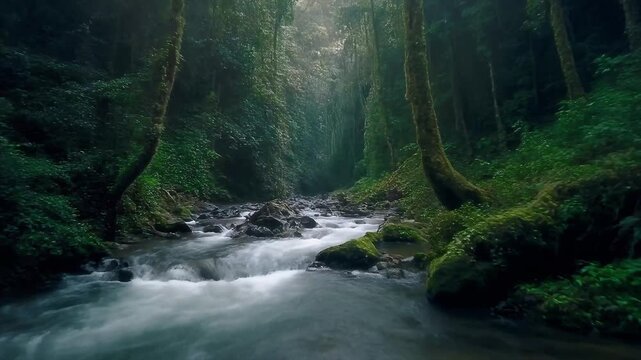 A serene river flows through a vibrant, moss-covered forest with tall trees and dappled sunlight.