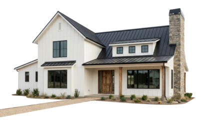 Modern white farmhouse with dark metal roof stone chimney and covered porch side perspective PNG