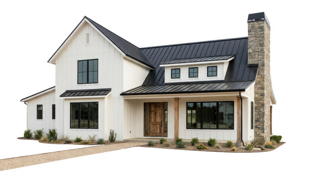 Modern white farmhouse with dark metal roof stone chimney and covered porch side perspective PNG