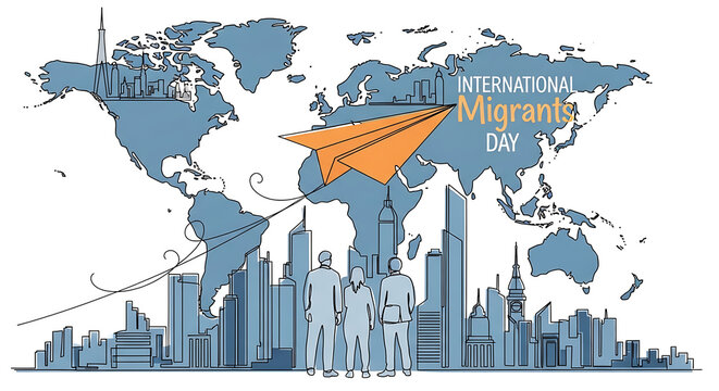 Paper airplane flying across world map over city skyline symbolizing global travel and business