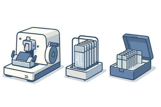 Essential histology laboratory instruments including microtome and slide storage