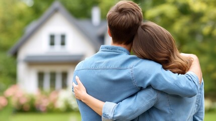 In a serene garden, a young couple joyfully hugs each other, gazing at their newly purchased home. Their expressions reflect happiness and love in this special moment