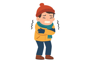 Naklejka premium Young person shivering intensely while wearing colorful winter clothes like a beanie, scarf, and jacket