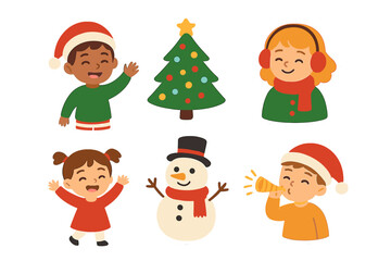 Children celebrating winter holidays with Christmas tree and festive snowman stickers