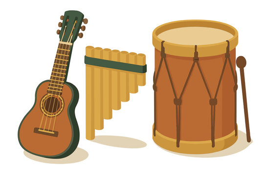 Collection of traditional South American folk music instruments: guitar, pan flute, drum