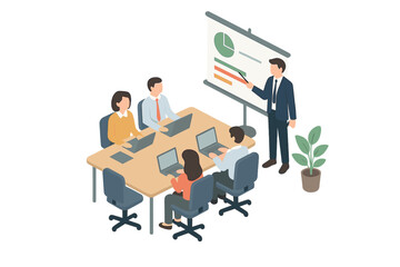 Fototapeta premium Isometric business meeting with presentation and laptops at conference table