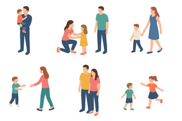 Fototapeta premium Isometric diverse family figures interacting and showing connection