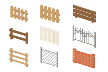Isometric collection of various fence and barrier sections for landscape design