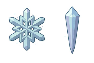 Detailed winter snowflake symbol and sharp crystal icicle shape on white background