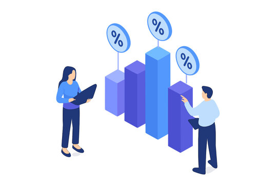 Isometric business professionals analyzing financial bar chart data