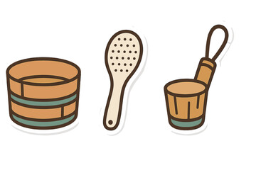 Traditional wooden sauna accessories set including bucket, ladle, and dipper
