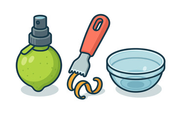 Culinary accessories set with lime juice sprayer, citrus zester, and clear glass bowl