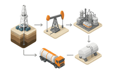 Fototapeta premium Isometric workflow of crude oil extraction, refining, and transportation process