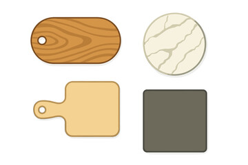 Various kitchen cutting boards and serving mats with wood grain, marble, and solid textures