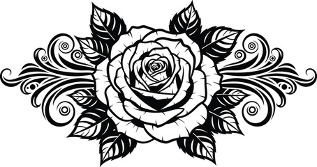 Elegant Black Floral Rose Ornament with Detailed Leaves and Decorative Swirl Elements Vector