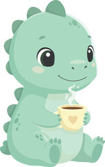Cute Dinosaur Drinking Coffee Cartoon Character