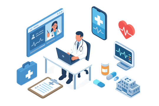 Isometric icons for telemedicine doctor consultation and medical equipment