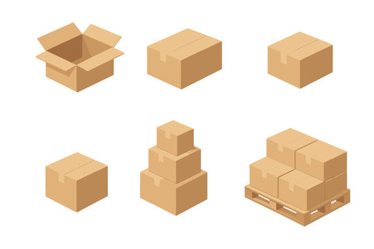 Isometric cardboard shipping boxes and open container set for logistics