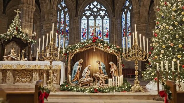An ornate, historic cathedral is beautifully decorated for the holiday season. A traditional nativity scene serves as a focal point on the altar, surrounded by glowing Christmas trees, warm candleligh
