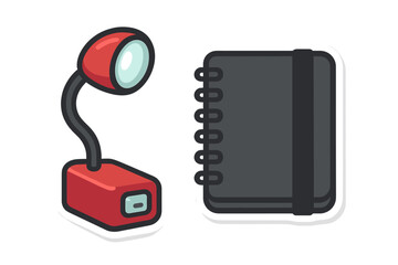 Stylized red desk lamp and dark spiral notebook sticker set for and study supplies