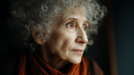 Portrait of an elderly woman with gray curly hair looking thoughtful. Concept of aging, contemplation, wisdom, loneliness, and life experience.