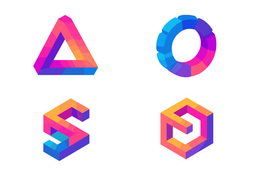 Set of abstract isometric optical illusion symbols and impossible figures in modern gradient colors