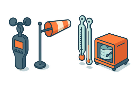 Essential meteorological instruments including anemometer, windsock, thermometers, and barograph