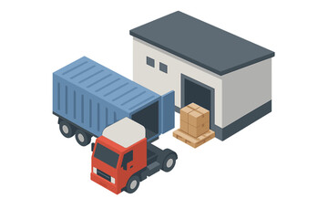 Obraz premium Isometric semi-truck trailer backed up to a warehouse loading dock for shipping and delivery