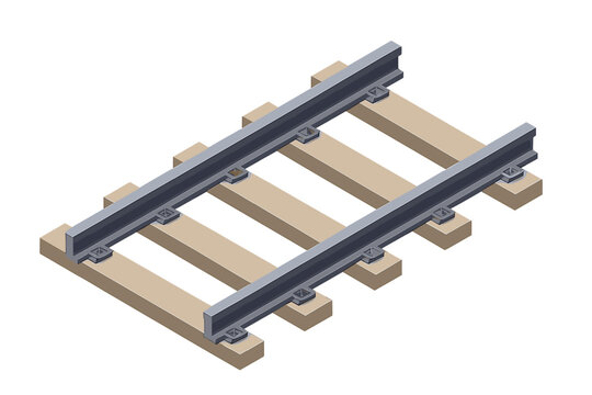 Isolated segment of railway track with parallel steel rails secured to wooden cross ties