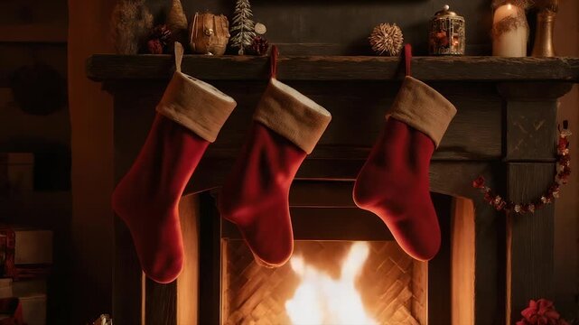 Three red stockings hang over a fireplace with a roaring fire and decorations