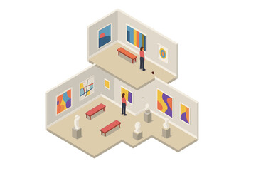 Visitors observing abstract paintings and classic sculptures in a contemporary art museum