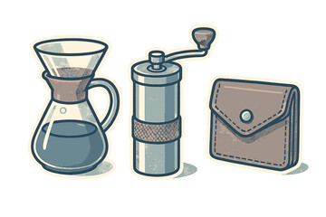 Coffee brewing accessories featuring a glass pour-over device and portable manual grinder