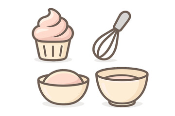 Frosted cupcake, wire whisk, and mixing bowls used for baking ingredients